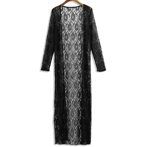 UK Women Lace Sheer Crochet Long Sleeve Clubwear Kimono Coat Cardigan Maxi Dress
